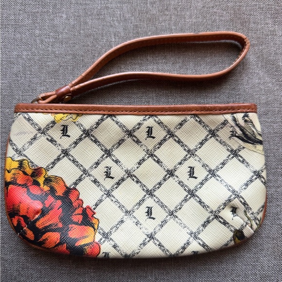 L.A.M.B. Cream Floral Lattice Wristlet with Brown Trim - Picture 5 of 12